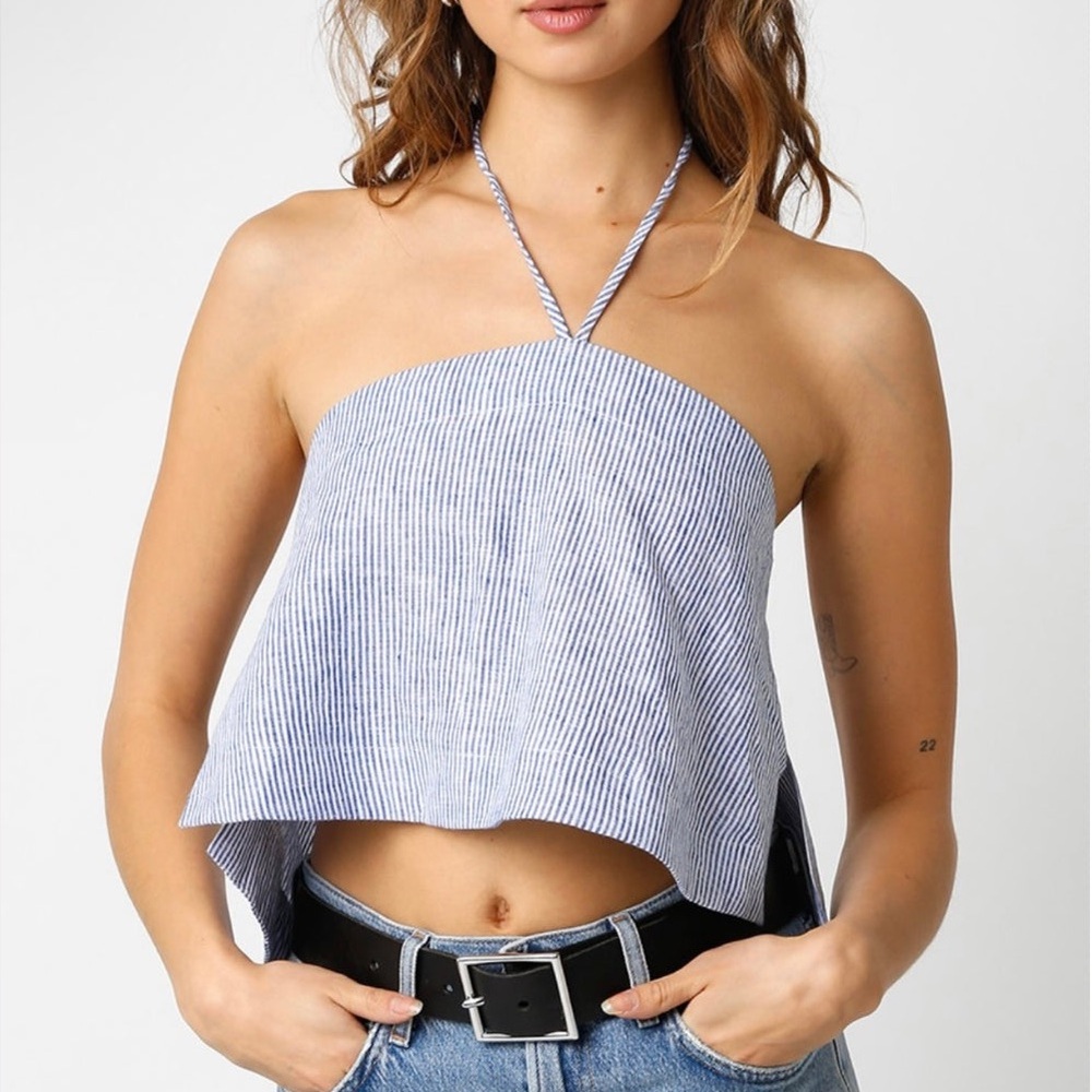 Blue Striped Halter Tie Neck Top